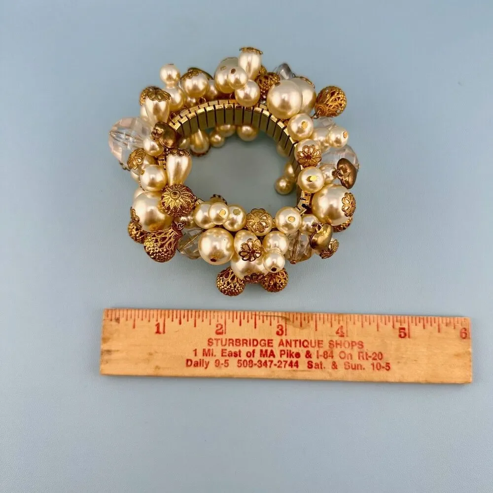 Vintage Cha Cha Bracelet Faux Pearl Filigree Ball Lucite Crystal Heart Expansion